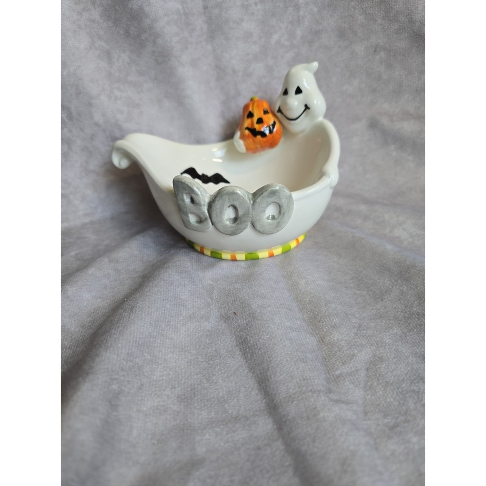 Ghost with Pumpkin Halloween Candy Dish Bowl Boo Fitz & Floyd Classic